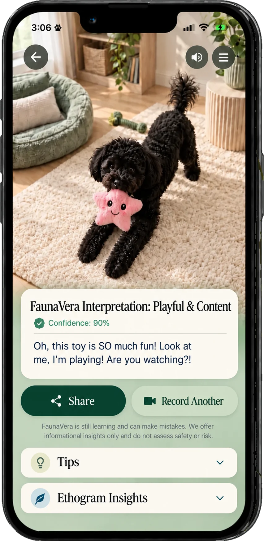 FaunaVera result showing an interpretation, confidence, Voice of Animal, tips and ethogram insights